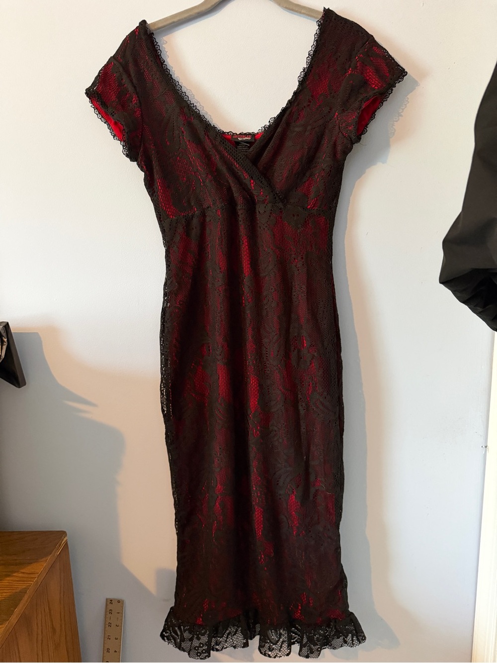 Gothic Black Lace Wiggle Dress with Dark Red Underlay by